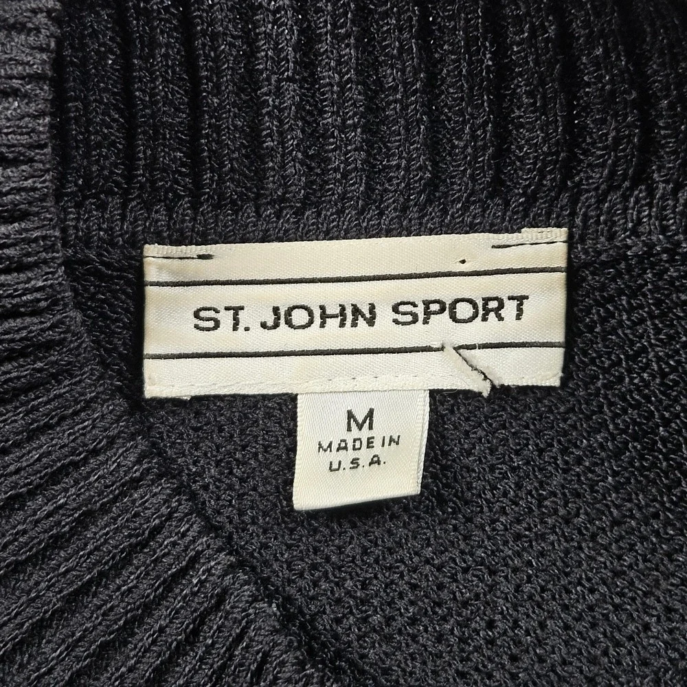 Vintage St. John Sport Sweater Womens Medium Black Full Zip White Piping‎ USA